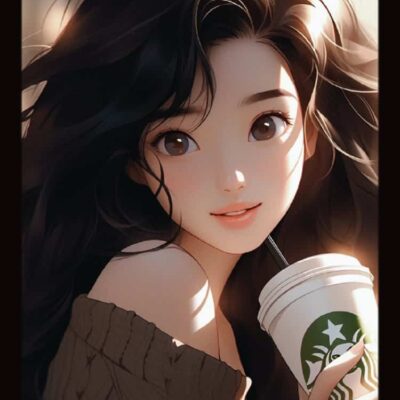 AI动漫喝咖啡的女孩微信头像 酷酷又温柔的气质女孩手拿咖啡头像