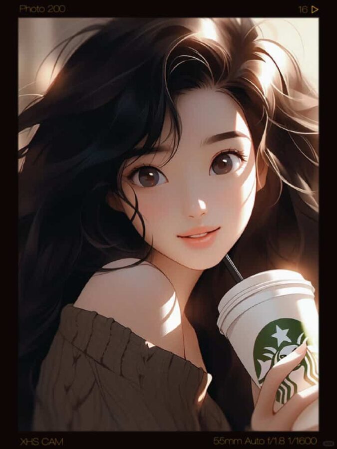 AI动漫喝咖啡的女孩微信头像 酷酷又温柔的气质女孩手拿咖啡头像_4