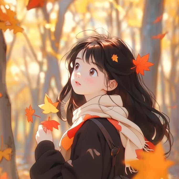 AI动漫温柔可爱风枫叶下的男孩和女孩情头 适合秋天的微信情侣头像_6