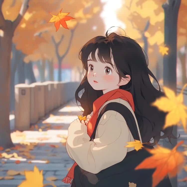 AI动漫温柔可爱风枫叶下的男孩和女孩情头 适合秋天的微信情侣头像_7