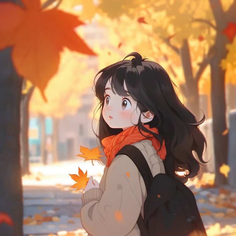 AI动漫温柔可爱风枫叶下的男孩和女孩情头 适合秋天的微信情侣头像_9