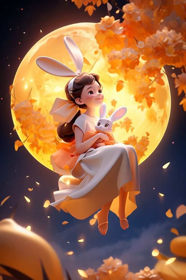 中秋节女孩抱兔子月亮背景微信头像 AI嫦娥玉兔氛围感可爱动漫女头_1