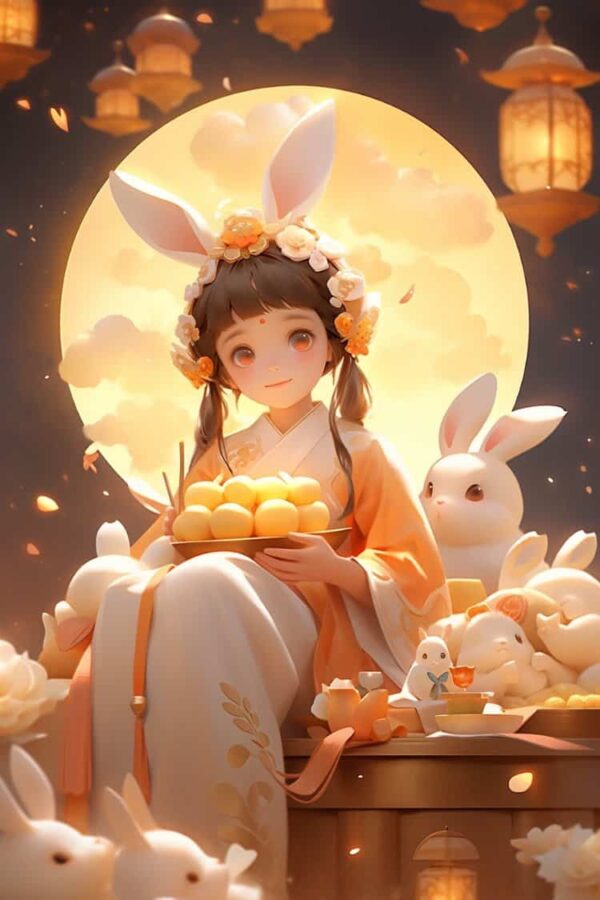 中秋节女孩抱兔子月亮背景微信头像 AI嫦娥玉兔氛围感可爱动漫女头_2