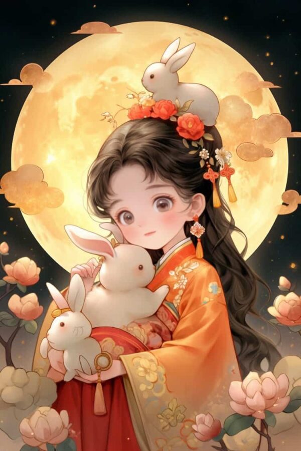 中秋节女孩抱兔子月亮背景微信头像 AI嫦娥玉兔氛围感可爱动漫女头_3