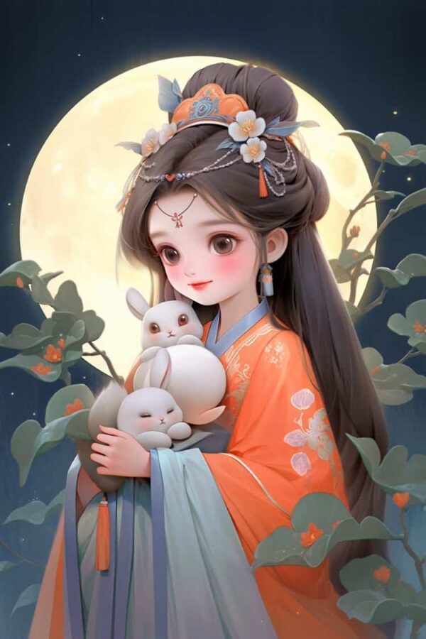 中秋节女孩抱兔子月亮背景微信头像 AI嫦娥玉兔氛围感可爱动漫女头_11
