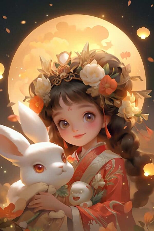 中秋节女孩抱兔子月亮背景微信头像 AI嫦娥玉兔氛围感可爱动漫女头_12