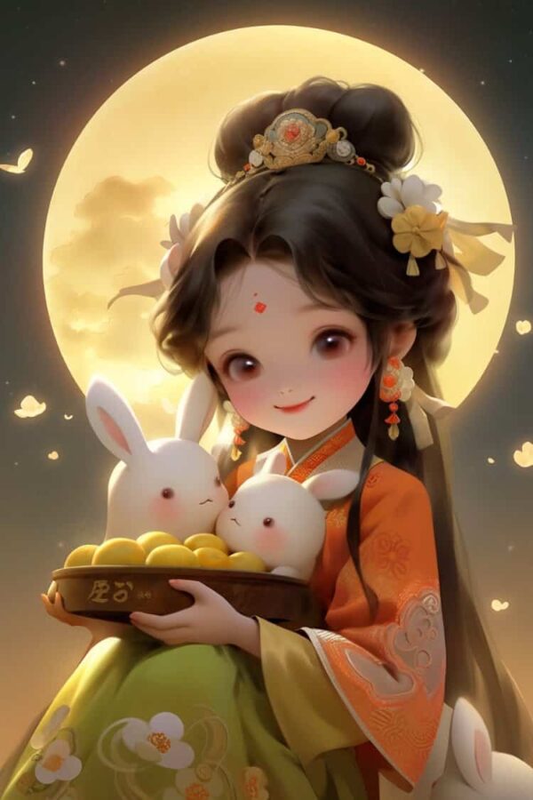 中秋节女孩抱兔子月亮背景微信头像 AI嫦娥玉兔氛围感可爱动漫女头_13