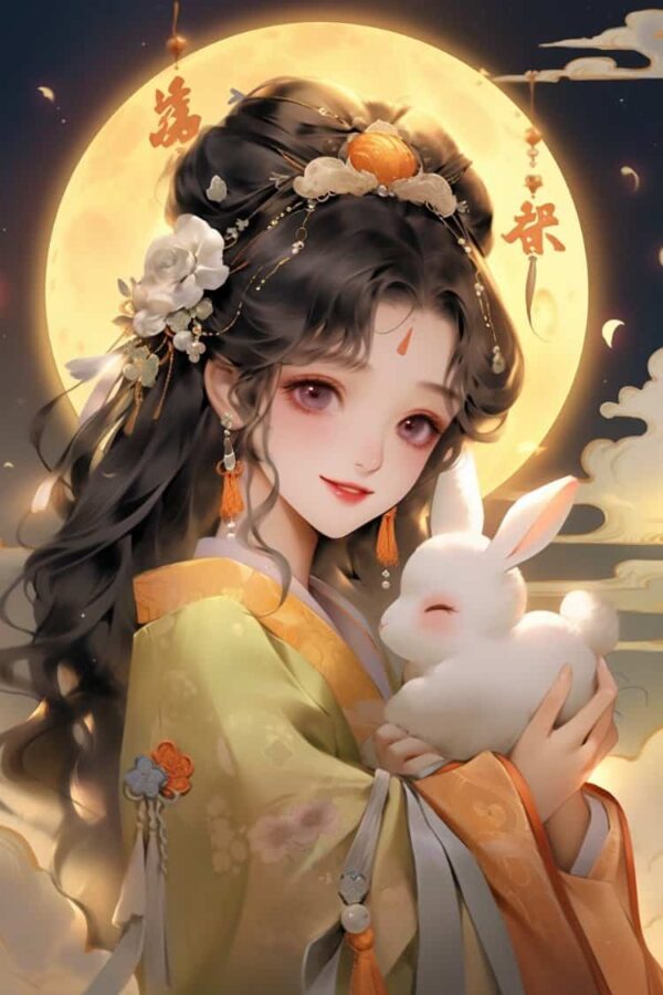 中秋节女孩抱兔子月亮背景微信头像 AI嫦娥玉兔氛围感可爱动漫女头_14