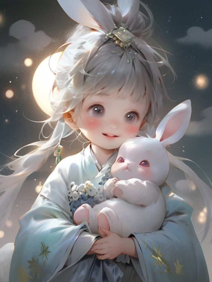 中秋节女孩抱兔子月亮背景微信头像 AI嫦娥玉兔氛围感可爱动漫女头_15