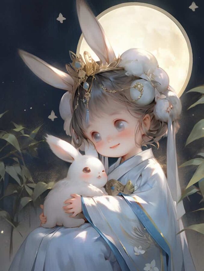 中秋节女孩抱兔子月亮背景微信头像 AI嫦娥玉兔氛围感可爱动漫女头_16
