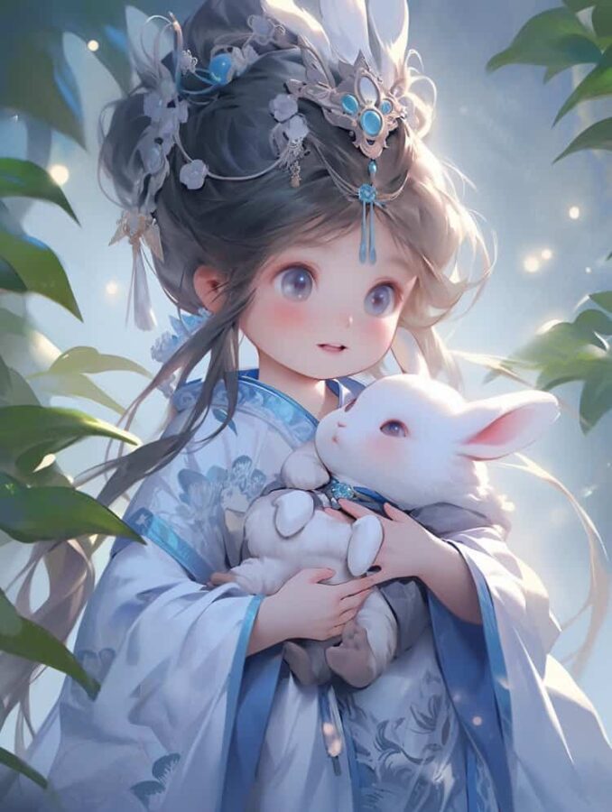 中秋节女孩抱兔子月亮背景微信头像 AI嫦娥玉兔氛围感可爱动漫女头_17