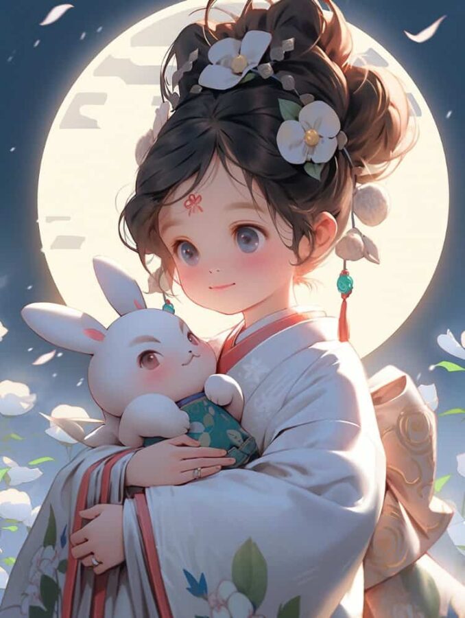 中秋节女孩抱兔子月亮背景微信头像 AI嫦娥玉兔氛围感可爱动漫女头_18