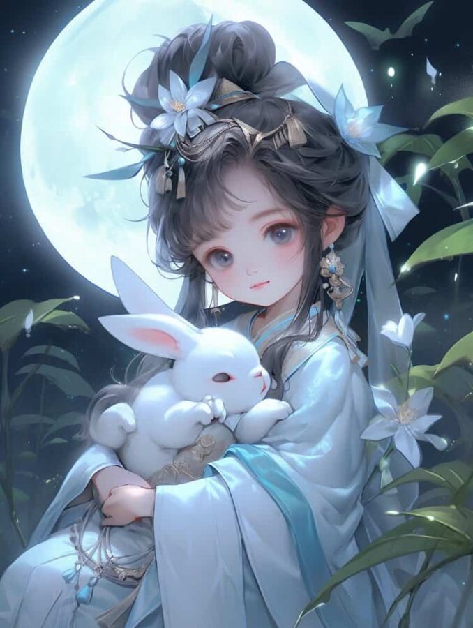中秋节女孩抱兔子月亮背景微信头像 AI嫦娥玉兔氛围感可爱动漫女头_19