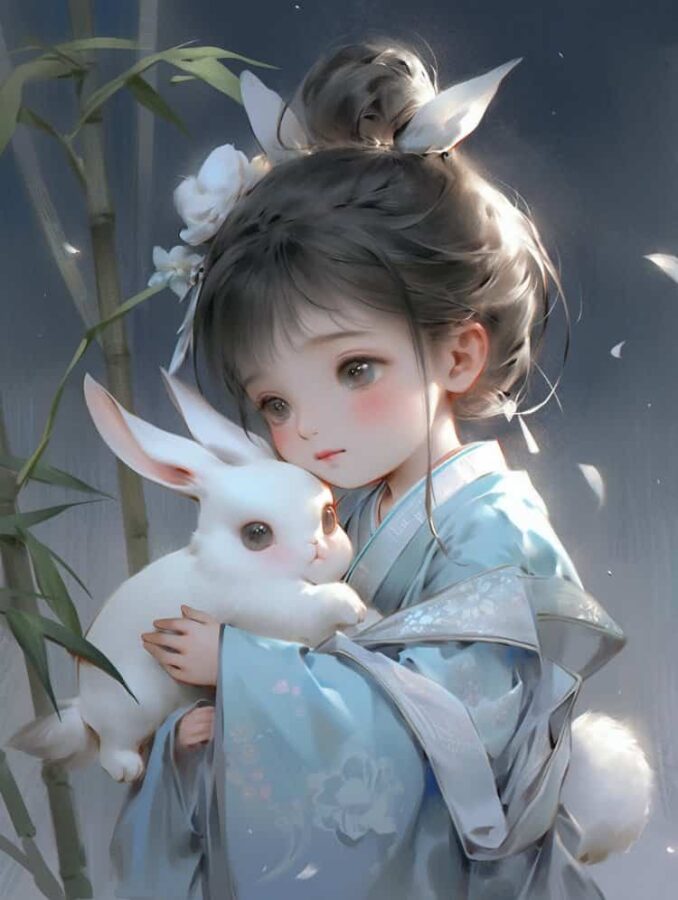 中秋节女孩抱兔子月亮背景微信头像 AI嫦娥玉兔氛围感可爱动漫女头_20