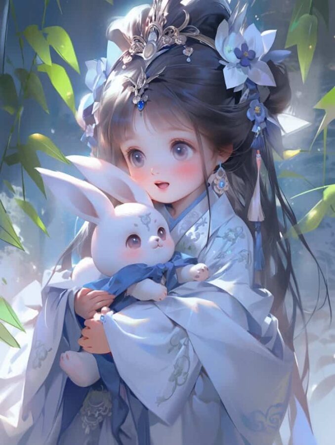中秋节女孩抱兔子月亮背景微信头像 AI嫦娥玉兔氛围感可爱动漫女头_21