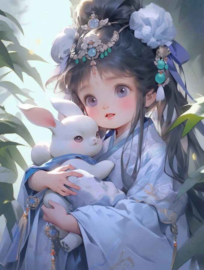 中秋节女孩抱兔子月亮背景微信头像 AI嫦娥玉兔氛围感可爱动漫女头_22