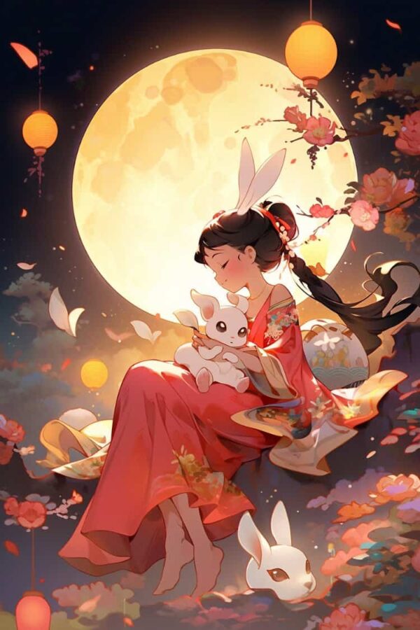 中秋节女孩抱兔子月亮背景微信头像 AI嫦娥玉兔氛围感可爱动漫女头_4