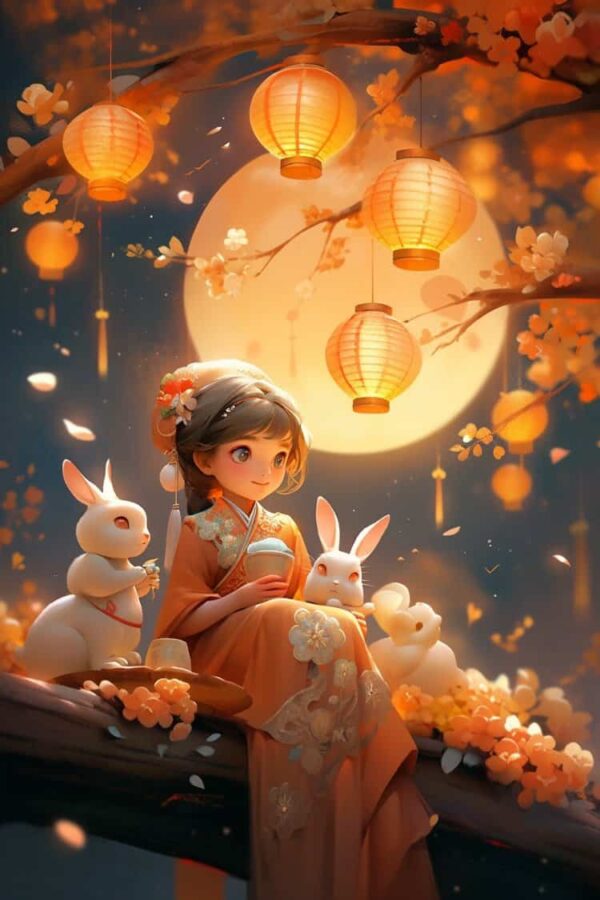 中秋节女孩抱兔子月亮背景微信头像 AI嫦娥玉兔氛围感可爱动漫女头_5