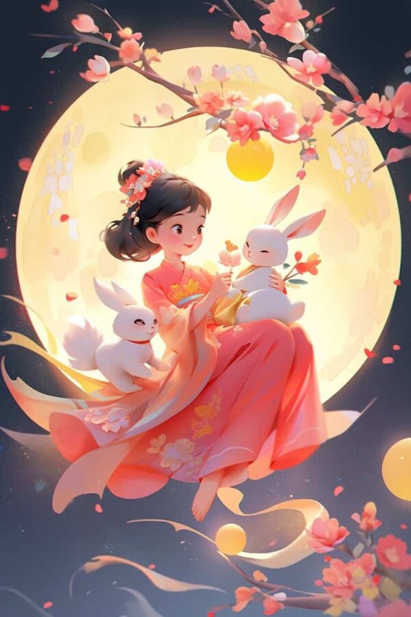 中秋节女孩抱兔子月亮背景微信头像 AI嫦娥玉兔氛围感可爱动漫女头_6