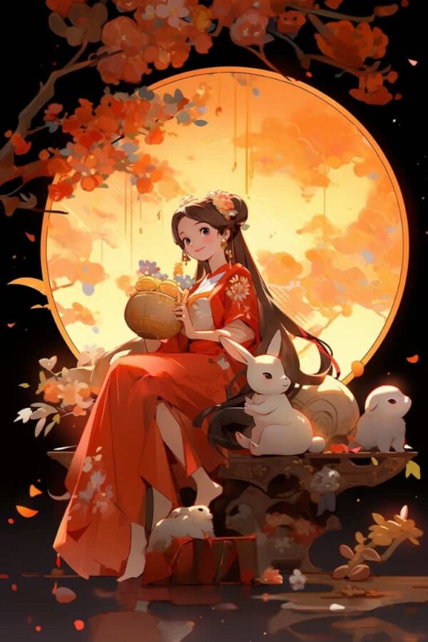中秋节女孩抱兔子月亮背景微信头像 AI嫦娥玉兔氛围感可爱动漫女头_8