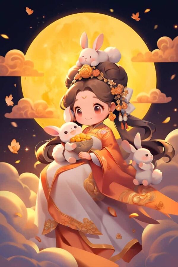 中秋节女孩抱兔子月亮背景微信头像 AI嫦娥玉兔氛围感可爱动漫女头_9