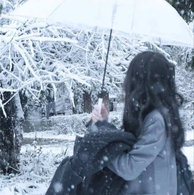 雪地里撑伞的女孩微信头像 适合寒冷冬天的雪景孤独感真人女头_1
