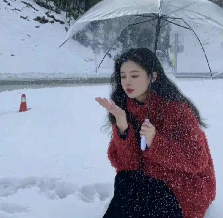 雪地里撑伞的女孩微信头像 适合寒冷冬天的雪景孤独感真人女头_16
