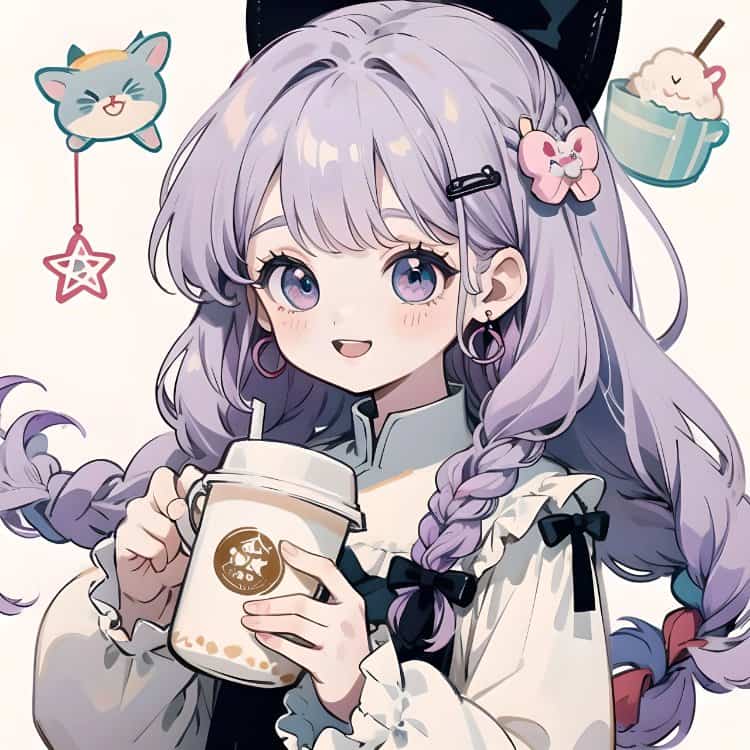 唯美紫色系喝奶茶的女孩微信头像 奶茶控必备动漫女头_2