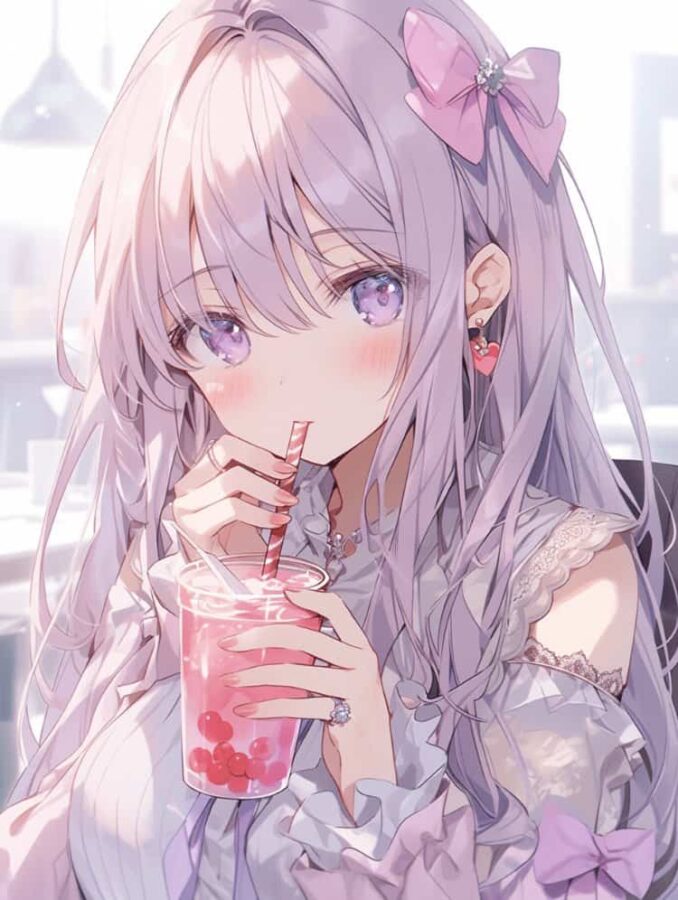 唯美紫色系喝奶茶的女孩微信头像 奶茶控必备动漫女头_6