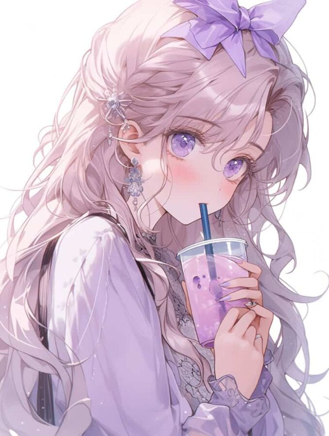 唯美紫色系喝奶茶的女孩微信头像 奶茶控必备动漫女头_8