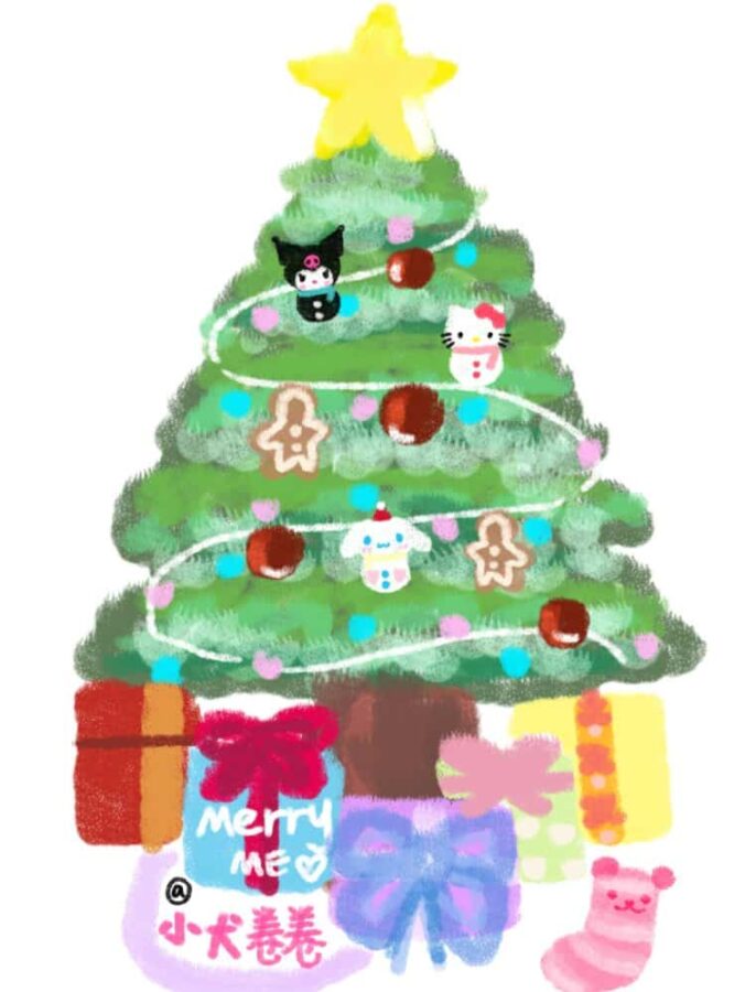 三丽鸥主题人物圣诞树可爱简笔画图片 五颜六色圣诞树简笔画_4