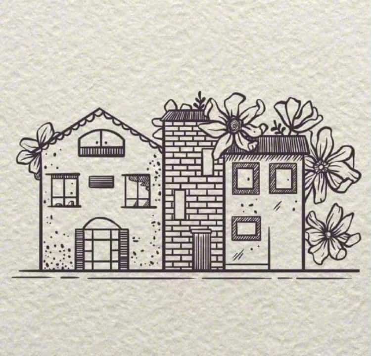 卡通小房子黑白简笔画作品图 动画片里的小房子画法_8